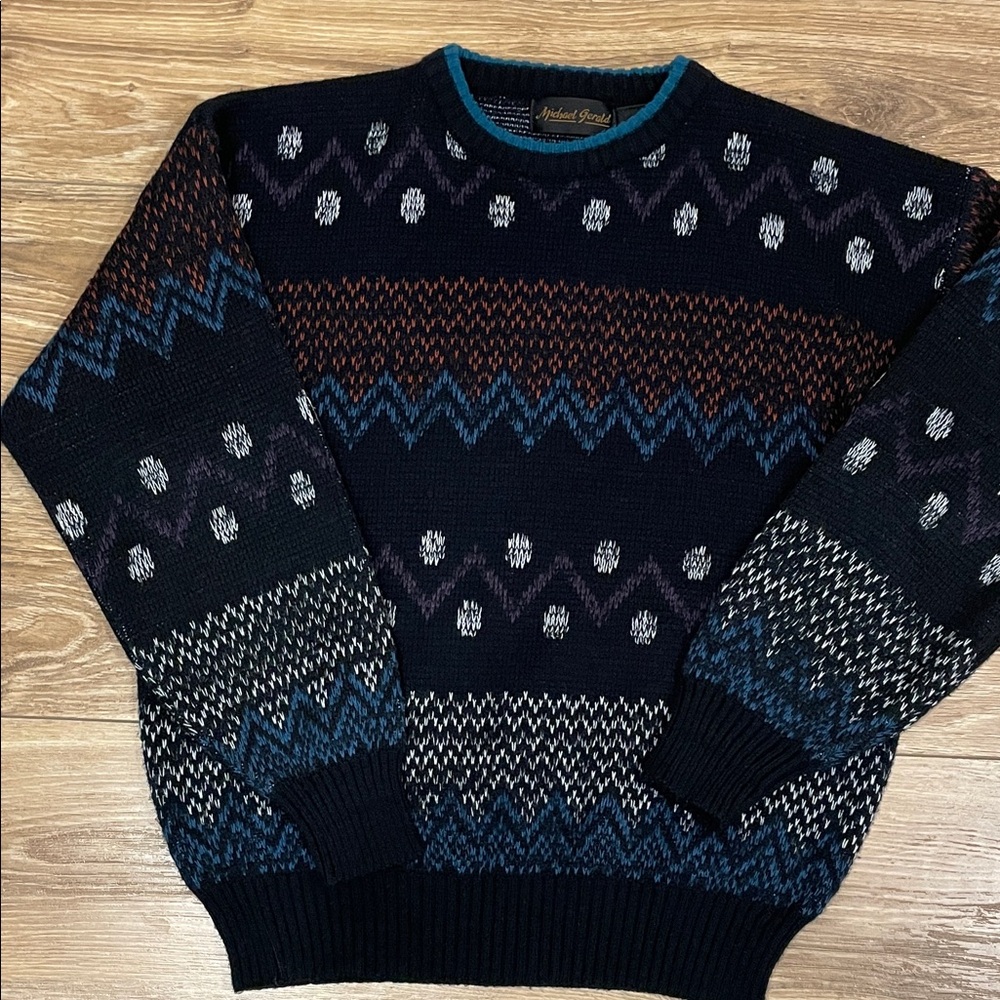 Patterned Crewneck Sweater - Black, Blue, and Brown